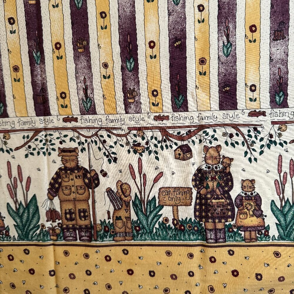 3 yards Vintage Cat Fishing Cotton Fabric Crafts Skirts Primitive Border
